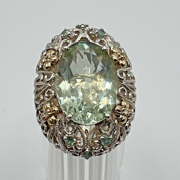 WB WEINMAN BROTHERS Sterling Silver & 14 K Gold Green Amethyst Ring - Size 9.25 - Picture 2 of 8